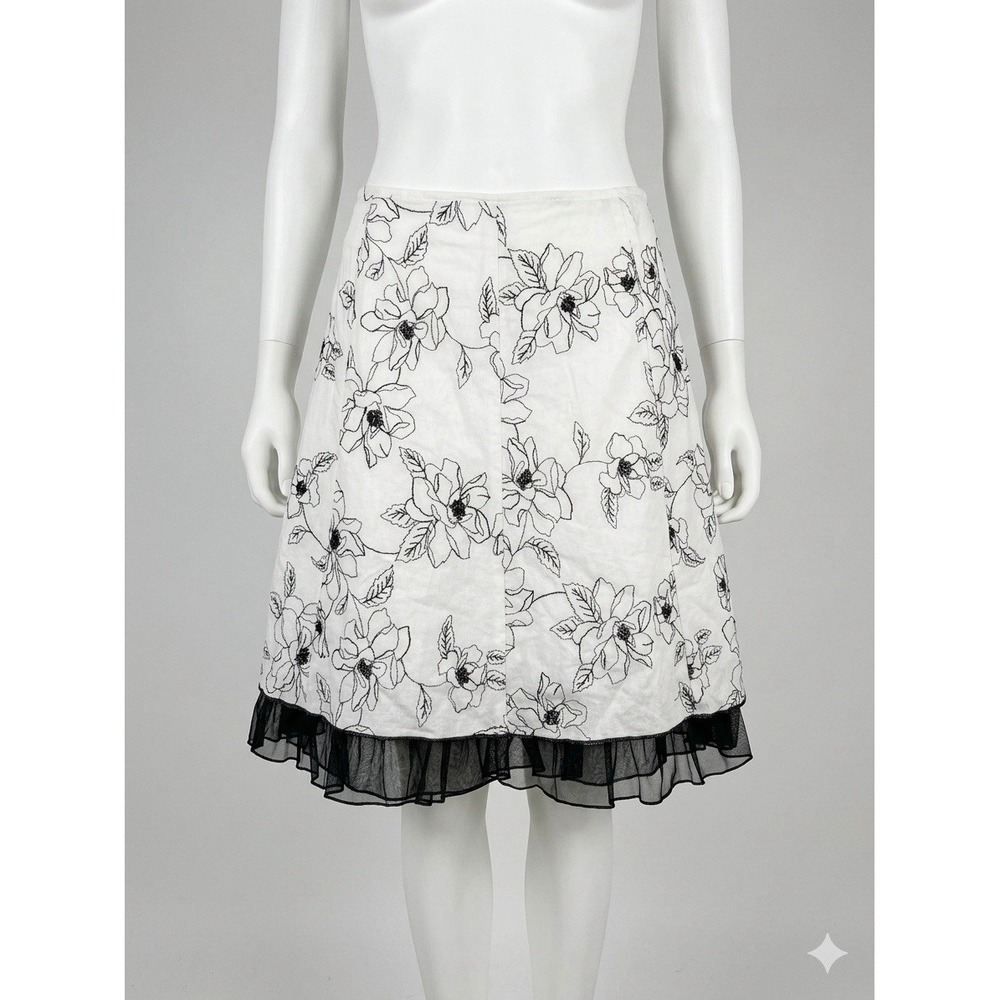 Vtg Y2K Studio Y Floral Embroidered Tulle Trim Skirt Sz 5/6 White Black Midi